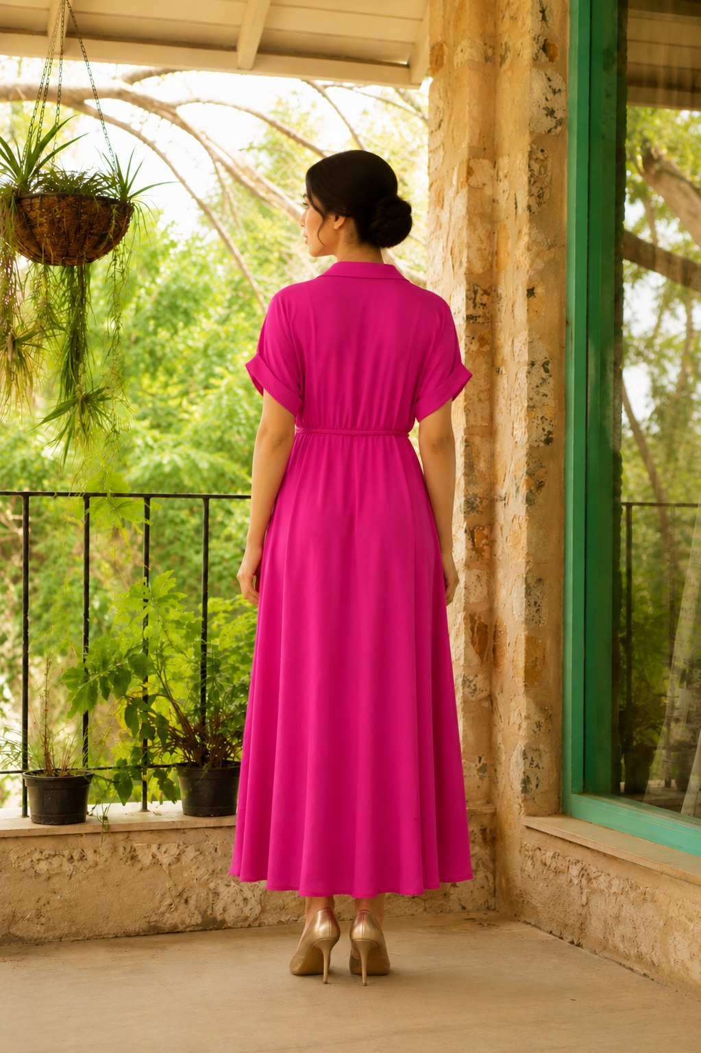 Women’s Premium Pink Midi Dress | Soft Rayon Casual Western Dress | Anti-Tarnish Gold Button Design | Co-Ord Style Comfort Fit