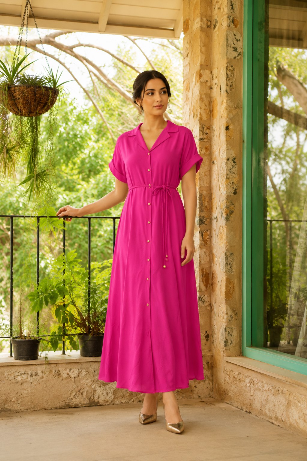 Women’s Premium Pink Midi Dress | Soft Rayon Casual Western Dress | Anti-Tarnish Gold Button Design | Co-Ord Style Comfort Fit