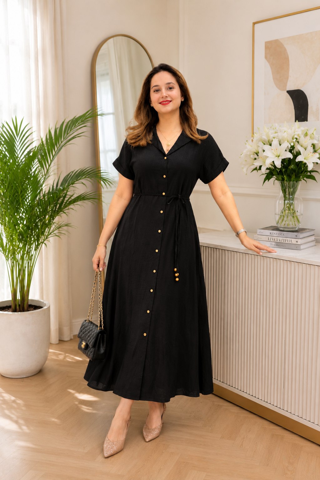 Women’s Premium Pink Midi Dress | Soft Rayon Casual Western Dress | Anti-Tarnish Gold Button Design | Co-Ord Style Comfort Fit