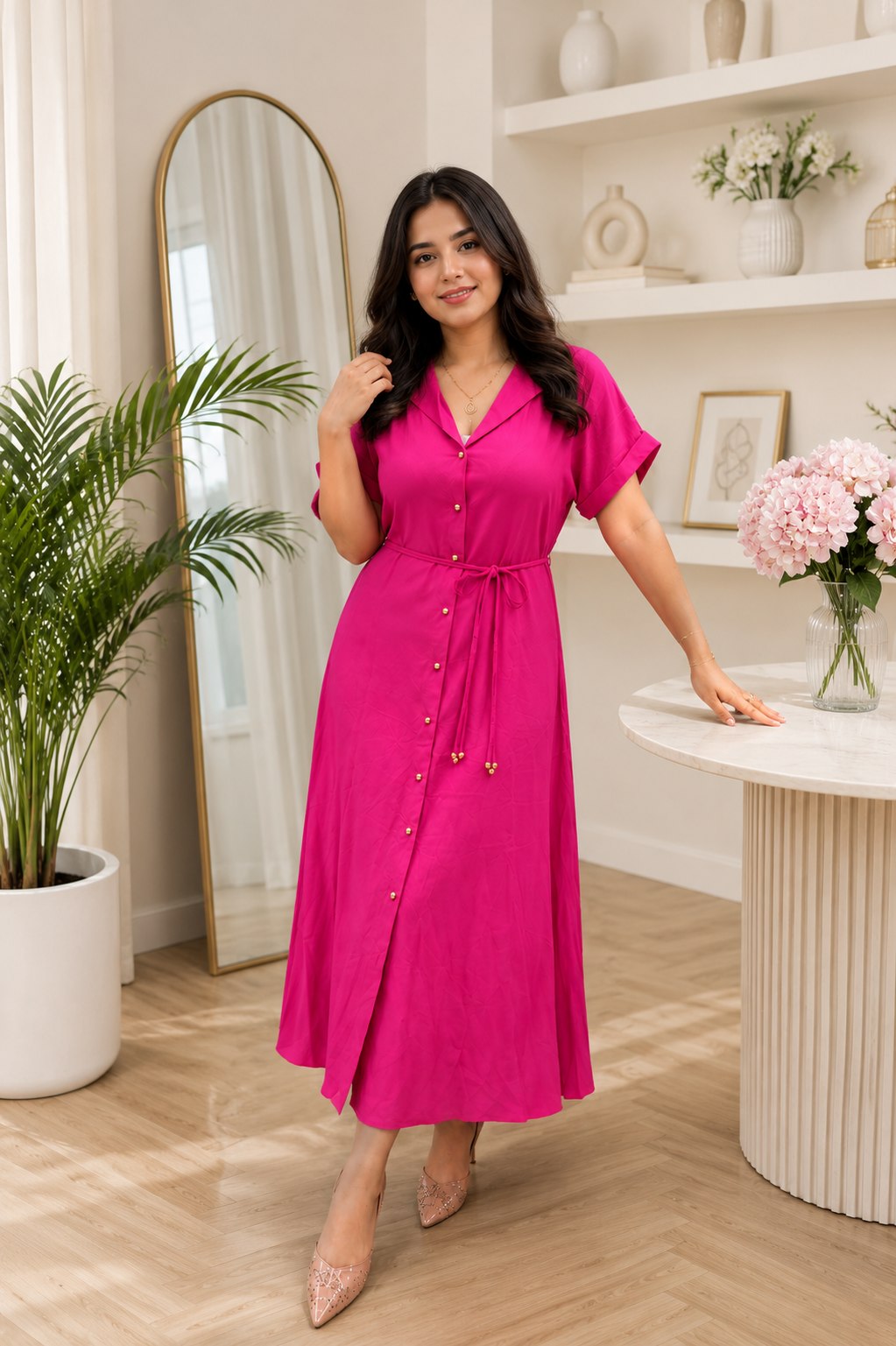 Women’s Premium Pink Midi Dress | Soft Rayon Casual Western Dress | Anti-Tarnish Gold Button Design | Co-Ord Style Comfort Fit